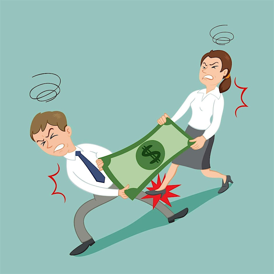 Financial Exploitation Event Image Drawing of a man and woman playing tug of war over money